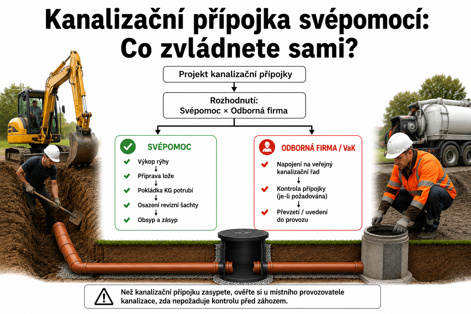 Kanalizační přípojka svépomocí: co zvládnete sami a kdy zavolat odbornou firmu