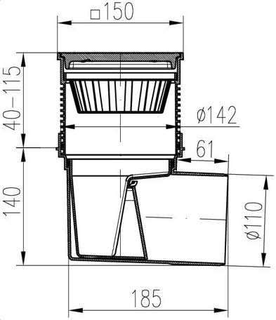 Kanalizační vpusť boční DN 110 se suchou klapkou a litinovou mřížkou 150x150 mm (KVB 110 S Li) Chuděj