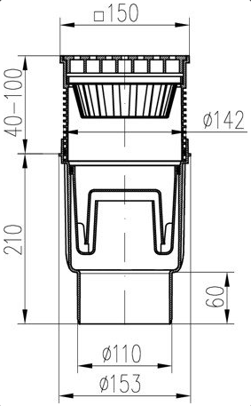 Kanalizační vpusť spodní DN 110 s vodní hladinou a litinovou mřížkou 150x150 mm (KVS 110 V Li) Chuděj