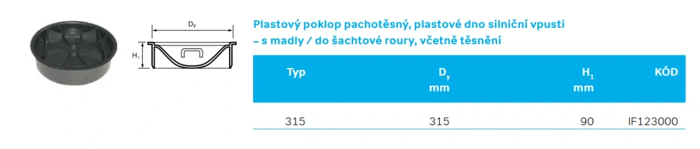 Poklop plastový pachotěsný (dno silniční vpusti) s madly DN 315 vč. těsnění pro vlnovec Wavin Basic 315