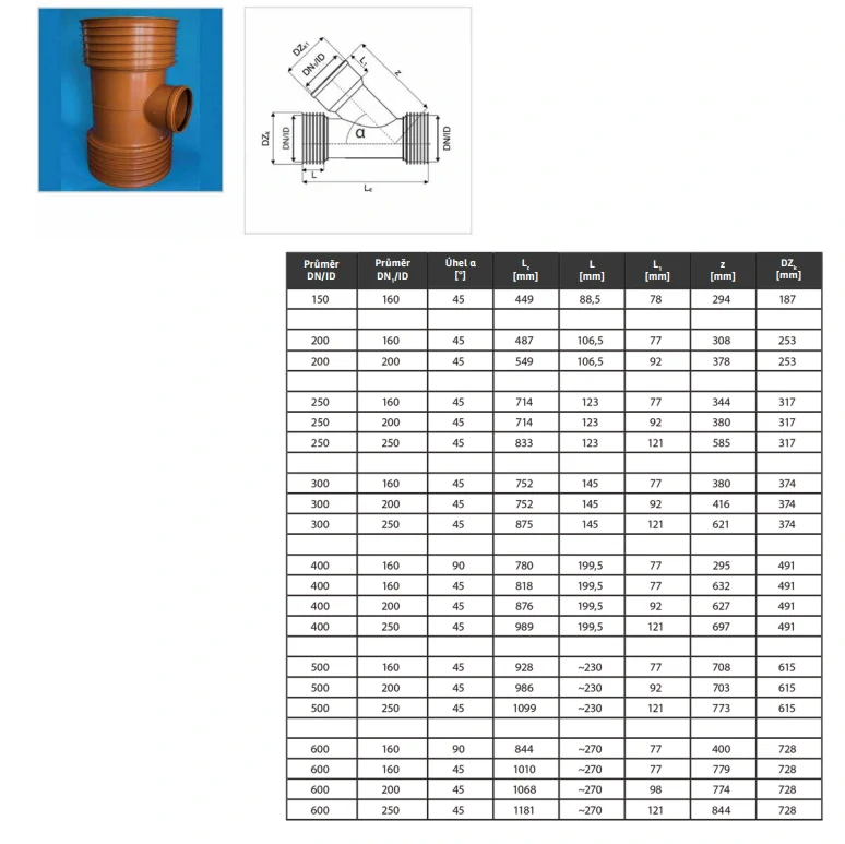 Plasticor SN 12 - přechodová odbočka 45° Plasticor DN/ID 250 na KG DN 160