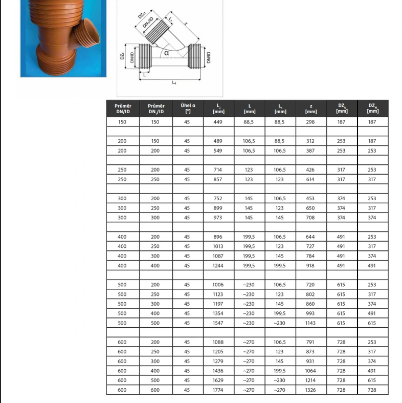 Plasticor SN 12 - odbočka 45° 400/400