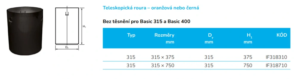 Teleskopický adaptér DN 315 (délka 750 mm) pro osazení šachty litinovým poklopem bez těsnění pro vlnovec Wavin Basic 315 a Basic 400