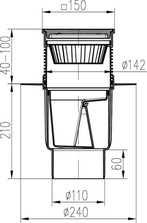 Kanalizační vpusť spodní DN 110 se suchou klapkou a litinovou mřížkou 150x150 mm s límcem Chuděj
