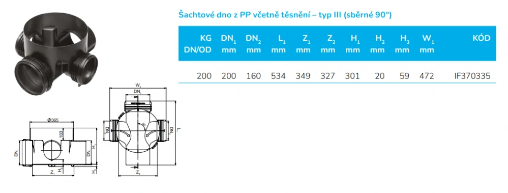 Kanalizační šachtové dno sběrné 90° DN 315/200, 160 vč. těsnění pro vlnovec Wavin Basic 315