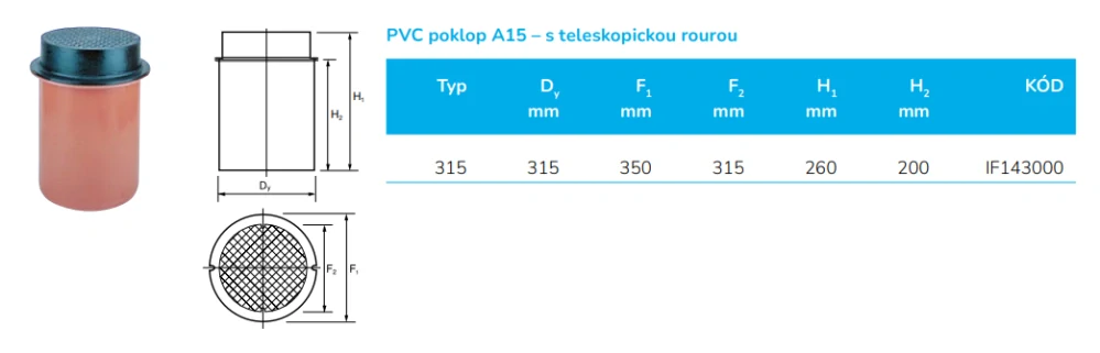 Poklop plastový - s teleskopickou rourou DN 315/A15 do 1,5t (pochozí) bez těsnění pro vlnovec Wavin Basic 315 a Basic 400