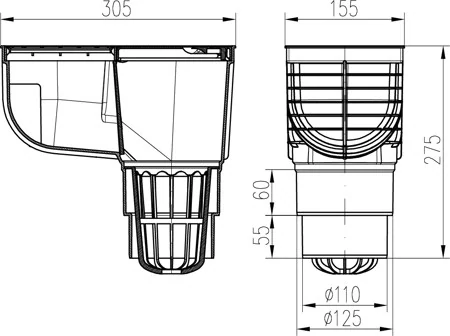 Lapač střešních splavenin (gajgr) spodní černý, hranaté víko DN 110/D125 Chuděj 