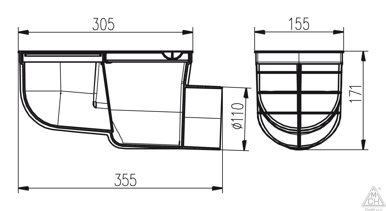 Lapač střešních splavenin (gajgr) boční černý DN 110 + redukční kroužky pro kulatý svod (75, 80, 90, 100, 110, 125 mm) Chuděj | 325 D