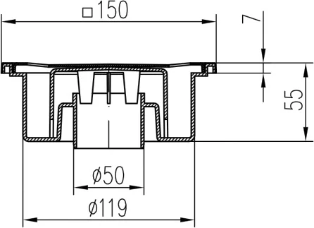 Podlahová vpusť spodní bílá DN 50 s nerezovou mřížkou 150x150 mm Chuděj