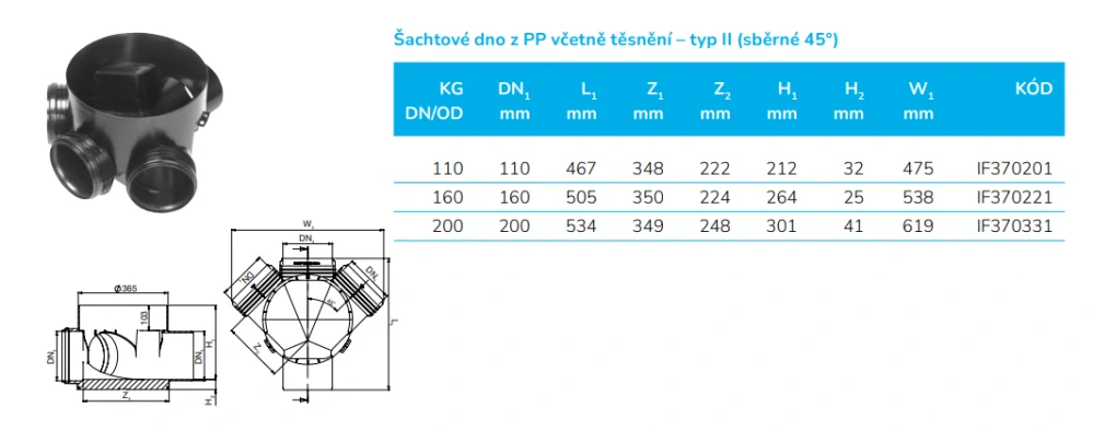 Kanalizační šachtové dno sběrné 45° DN 315/110 vč. těsnění pro vlnovec Wavin Basic 315