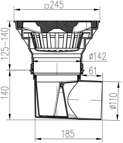 Kanalizační vpusť boční DN 110 se suchou klapkou a litinovou mřížkou 245x245 mm do 12,5 tun (KVB 110/250 S Li) Chuděj