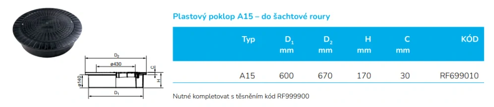 Poklop plastový DN 600/A15 do 1,5t (pochozí) bez těsnění pro vlnovec Wavin Tegra 600 a Tegra 1000 NG