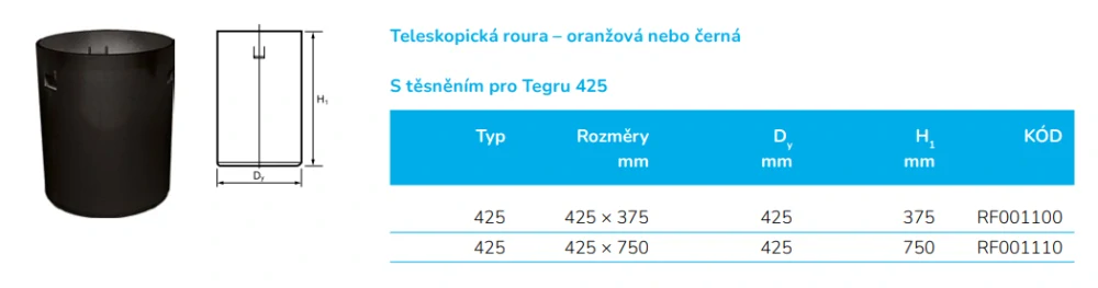 Teleskopický adaptér DN 425 (délka 750 mm) pro osazení šachty litinovým poklopem vč. těsnění pro vlnovec Wavin Tegra 425