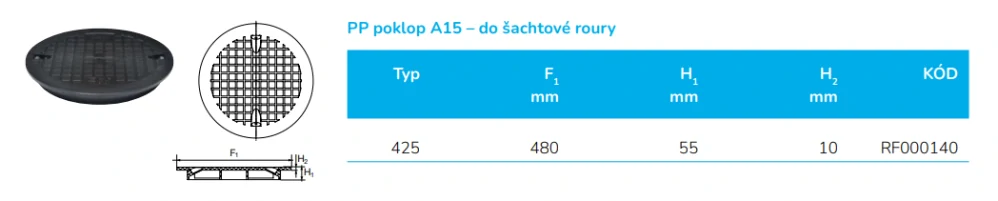 Poklop plastový DN 425/A15 do 1,5t (pochozí) pro vlnovec Wavin Tegra 425