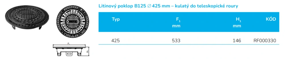Poklop litinový DN 425/B125 do 12,5t (pojezdný) kulatý pro vlnovec Wavin Tegra 425
