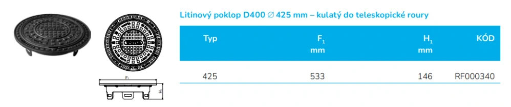 Poklop litinový DN 425/D400 do 40t (pojezdný) kulatý pro vlnovec Wavin Tegra 425