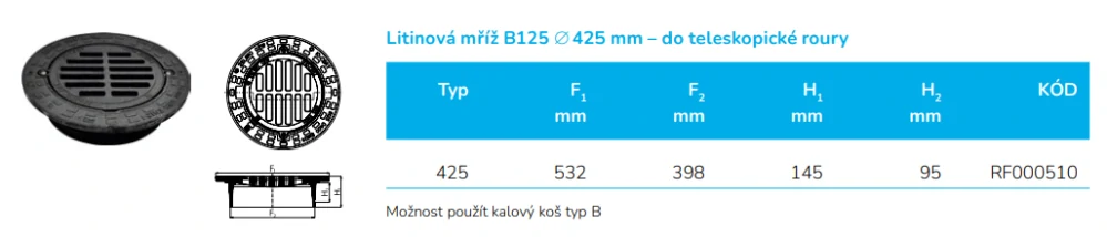 Mříž litinová DN 425/B125 do 12,5t (pojezdná) kulatá pro vlnovec Wavin Tegra 425