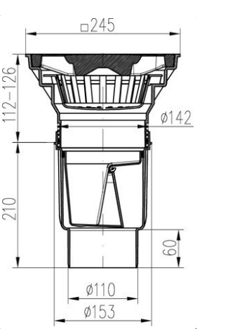 Kanalizační vpusť spodní DN 110 se suchou klapkou a plastovou mřížkou 245x245 mm (KVS 110/250 S P) Chuděj