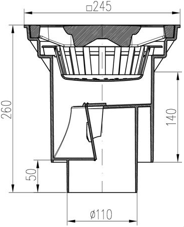 Kanalizační vpusť spodní DN 160/DN 110 se suchou klapkou a litinovou mřížkou 245x245 mm do 12,5 tun (KVS 160 S Li) Chuděj