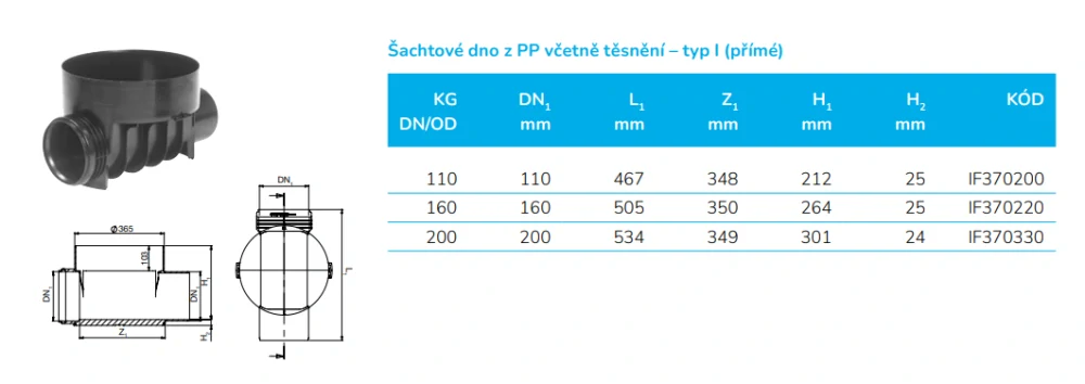 Kanalizační šachtové dno přímé DN 315/200 vč. těsnění pro vlnovec Wavin Basic 315