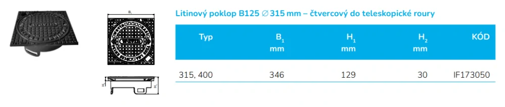 Poklop litinový DN 315/B125 do 12,5t (pojezdný) čtvercový pro vlnovec Wavin Basic 315 a Basic 400