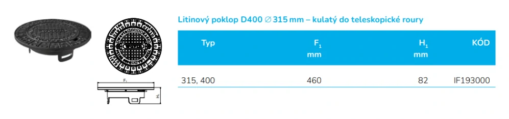 Poklop litinový DN 315/D400 do 40t (pojezdný) kulatý pro vlnovec Wavin Basic 315 a Basic 400