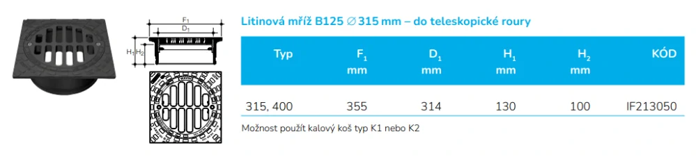 Mříž litinová DN 315/B125 do 12,5t (pojezdná) čtvercová pro vlnovec Wavin Basic 315 a Basic 400