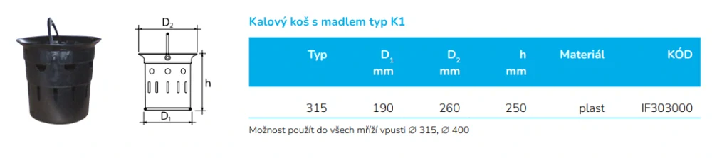 Kalový koš DN 315 pod mříž pro vlnovec Wavin Basic 315 a Basic 400