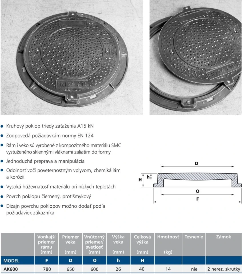 POŠKOZENÝ KUS - Poklop kompozitní DN 600/A15 do 1,5t (pochozí) pro vlnovec Axedo 600