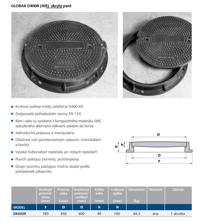 Poklop kompozitní DN 600/D400 do 40t (pojezdný) pro vlnovec Axedo 600