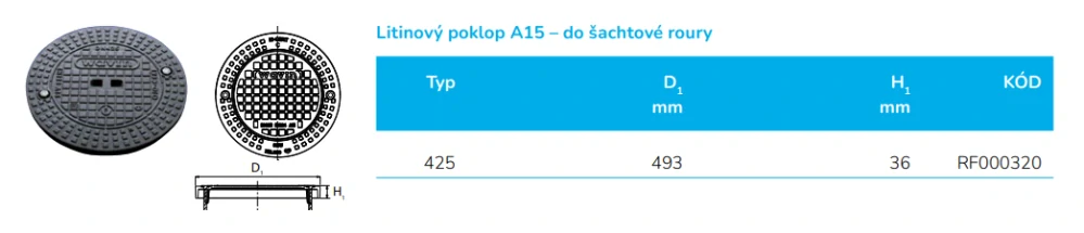 Poklop litinový DN 425/A15 do 1,5t (pochozí) pro vlnovec Wavin Tegra 425