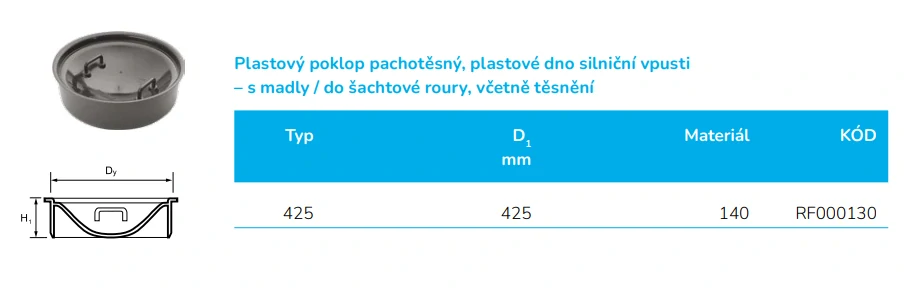 Poklop plastový pachotěsný (dno silniční vpusti) s madly DN 425 vč. těsnění pro vlnovec Wavin Tegra 425