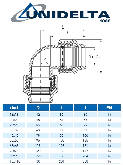 Unidelta 90° koleno 25 mm pro spojování PE trubek až do PN16