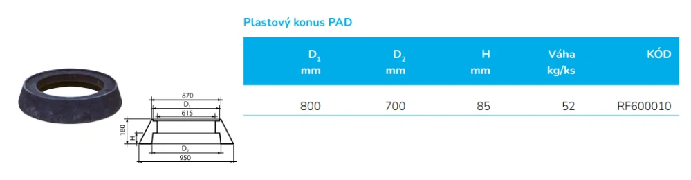 Plastový konus PAD DN 600 pro osazení šachty litinovým poklopem bez těsnění pro vlnovec Wavin Tegra 600 a Tegra 1000 NG