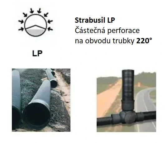 Částěčně perforovaná drenážní trubka Strabusil LP vč. spojky, tyč 3 m DN/ID 100 SN 4
