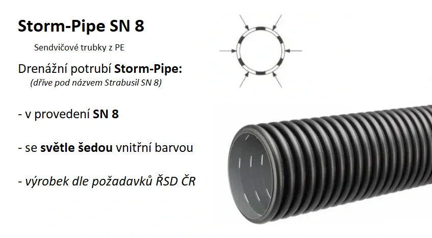 Vysokozátěžová celoperforovaná drenážní trubka StormPipe vč. spojky, tyč 3 m DN/ID 100 SN 8