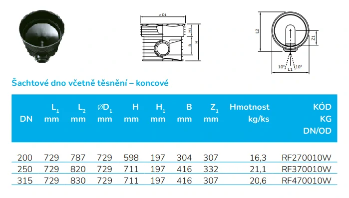 Kanalizační šachtové dno koncové DN 600/315 vč. těsnění pro vlnovec Wavin Tegra 600 LC
