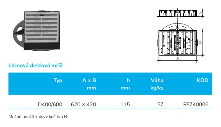 Mříž litinová DN 600/D400 do 40t (pojezdná) obdelníková pro vlnovec Wavin Tegra 600 a Tegra 1000 NG