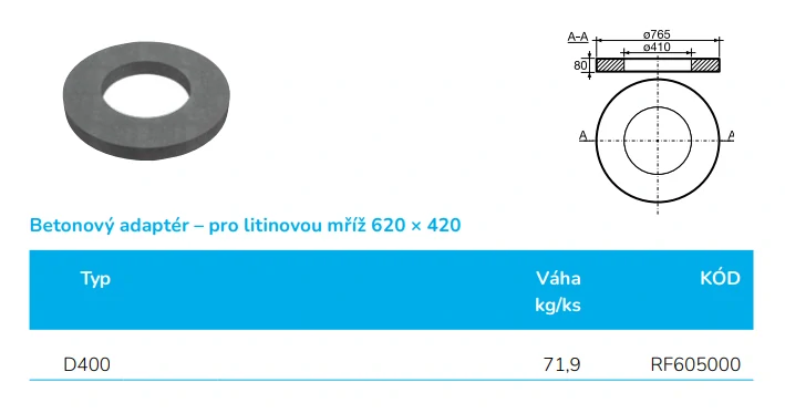 Betonový adaptér DN 600 pro litinovou mříž DN 600/D400 pro vlnovec Wavin Tegra 600 a Tegra 1000 NG