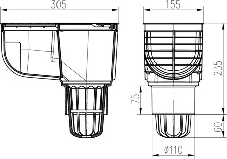 Lapač střešních splavenin (gajgr) spodní černý, hranaté víko DN 125 Chuděj