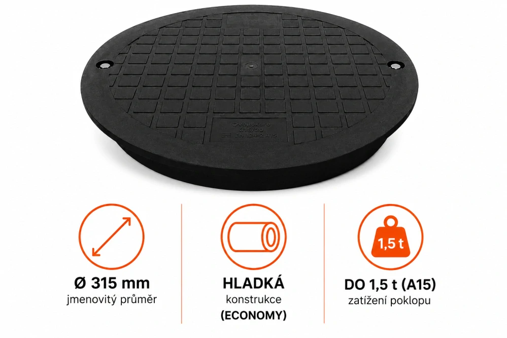 Revizní šachta DN 315 hladká – přímé dno DN 160 (150), roura 1 m, poklop pochozí do 1,5 t ECONOMY (sestava A)