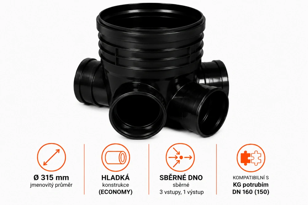Revizní šachta DN 315 hladká – sběrné dno DN 160 (150), roura 1 m, poklop pochozí do 1,5 t ECONOMY (sestava C)