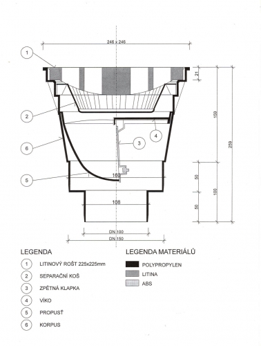 Litinová vpusť spodní 245x245 mm do 12,5 tun HENE CHMELAŘ (VPCR15)