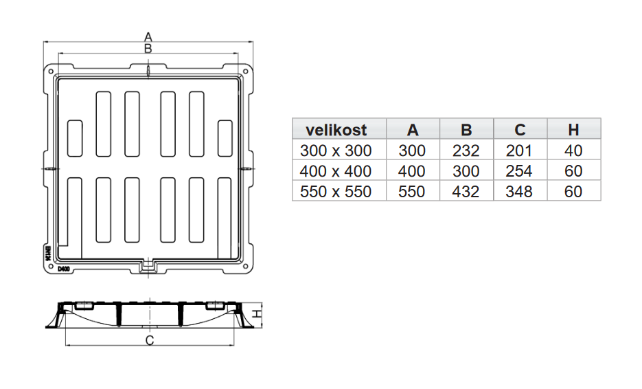 Mondial litinová mříž 300x300 do 25t (C250) + rám