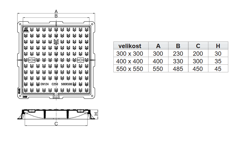 Mondial litinový poklop 400x400 do 25t (C250) + rám