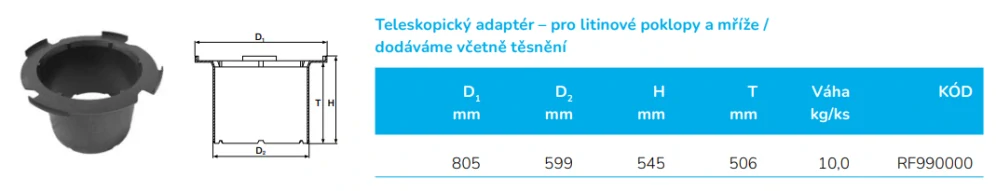Teleskopický adaptér DN 600 pro osazení šachty litinovým poklopem vč. těsnění pro vlnovec Wavin Tegra 600 a Tegra 1000 NG