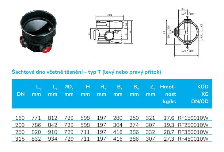Kanalizační šachtové dno s přítokem typu T DN 600/200 vč. těsnění pro vlnovec Wavin Tegra 600 LC