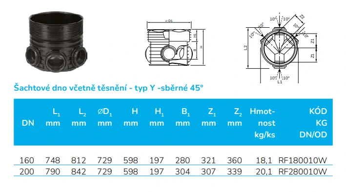Kanalizační šachtové dno sběrné 45° typu Y DN 600/160 vč. těsnění pro vlnovec Wavin Tegra 600 LC