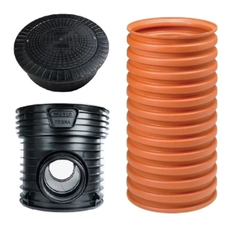 Revizní kanalizační šachta korugovaná - sestava "N" DN 600 (dno přímé DN 160, roura 1 m, poklop pochozí 1,5t, těsnění pro poklop) Wavin Tegra 600